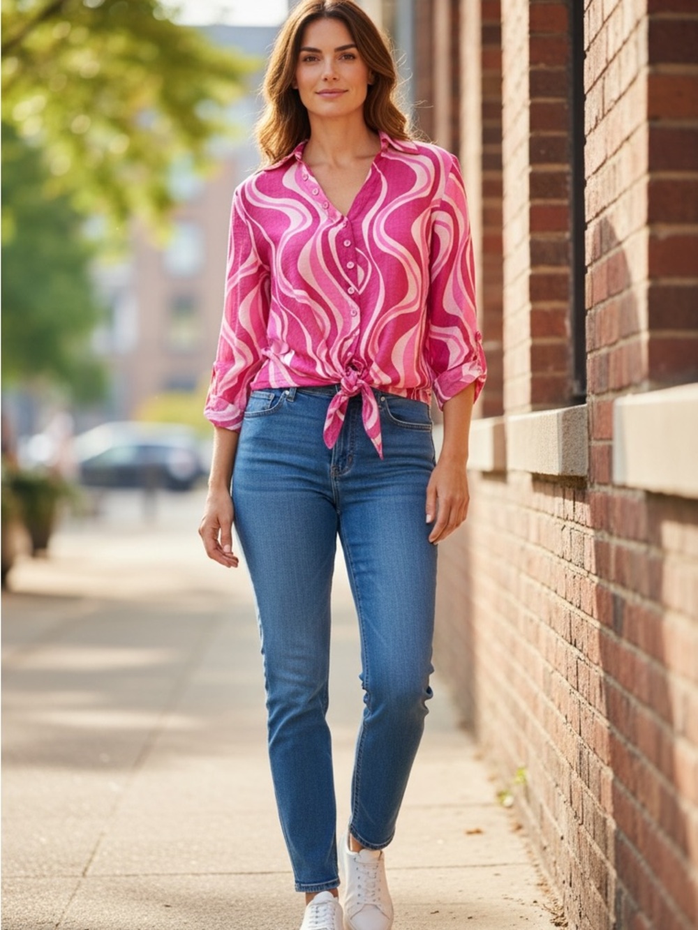 Ethyl Clothing - The Breeze Blouse Pink Swirl Print Button Front Blouse Size M